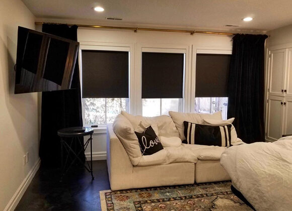 black blinds in living room and other Automatic Blinds in Montclair, NJ, Englewood Cliffs, Tenafly, Ho-Ho-Kus, Alpine, NJ, Demarest, NJ and Surrounding Areas