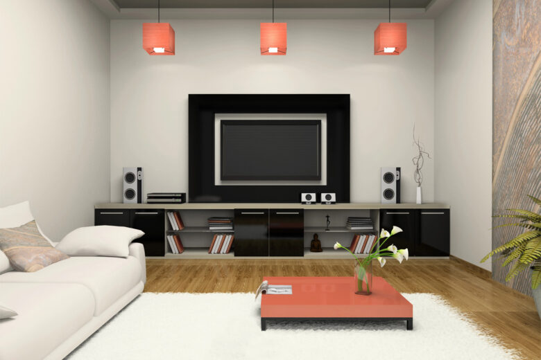 living room with Home Theater Systems and Whole Home Audio in Livingston, NJ