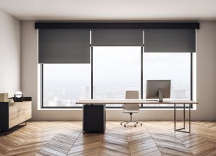 Automated blinds on living room windows in Edgewater