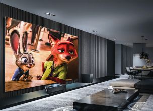 Modern living room with a large projector screen and one of the best home theater systems in Englewood Cliffs