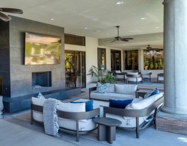 Outdoor home theater installation on a covered patio in Saddle River