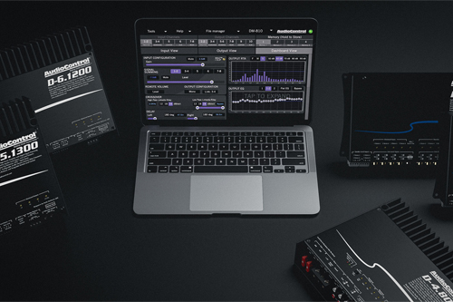 AudioControl amplifiers and tuning software on a laptop
