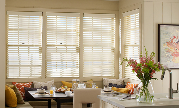 Lutron motorized blinds in a breakfast nook in Short Hills