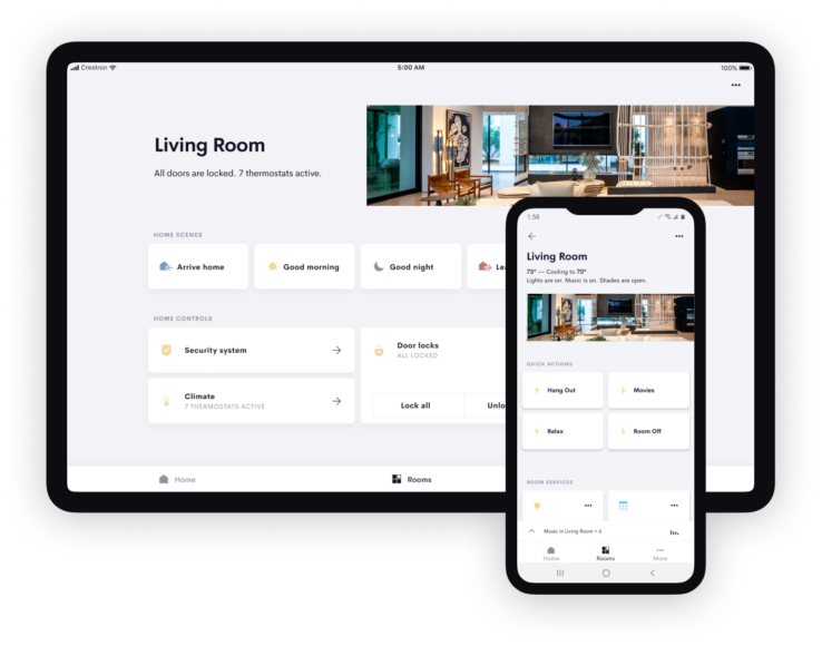 Crestron Systems home control app on a tablet and phone in Hoboken