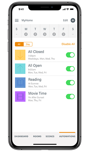 Hunter Douglas PowerView app controlling automated shades in Montclair
