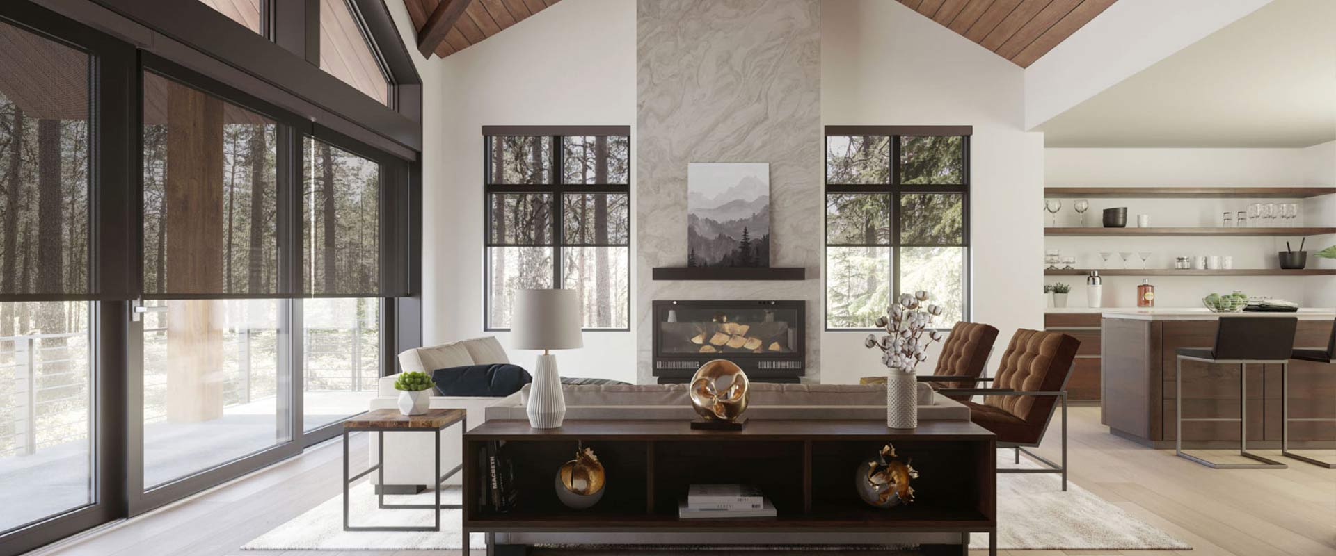 Vaulted living room with motorized shades and automatic blinds on large forest-view windows in Rumson