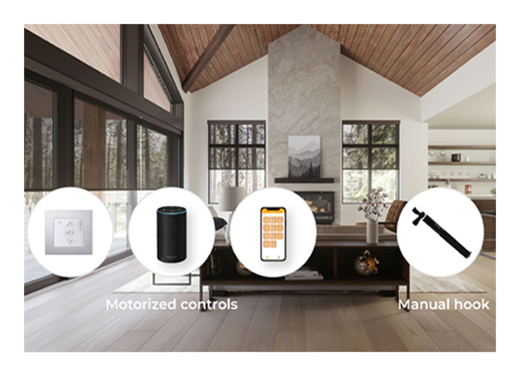 Living room showing smart home blinds and automatic blinds control options in Tenafly