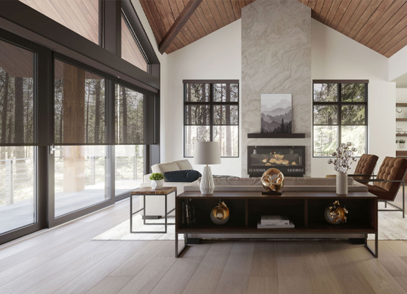 Vaulted living room with motorized shades and automatic blinds on forest-view windows in Rumson