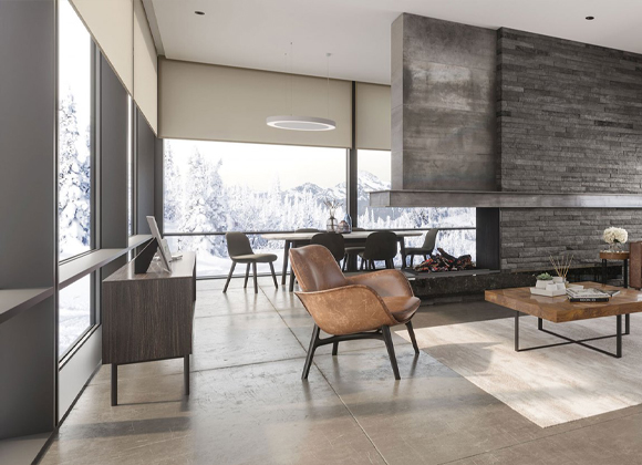 Mountain-view living room with motorized shades and automated shades in Franklin Lakes