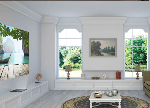Bright living room with a large wall-mounted TV for a home A/V installation in Chatham