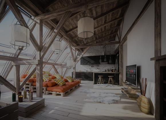 Rustic loft living space with exposed beams and a wall-mounted TV for a home A/V installation in Hoboken
