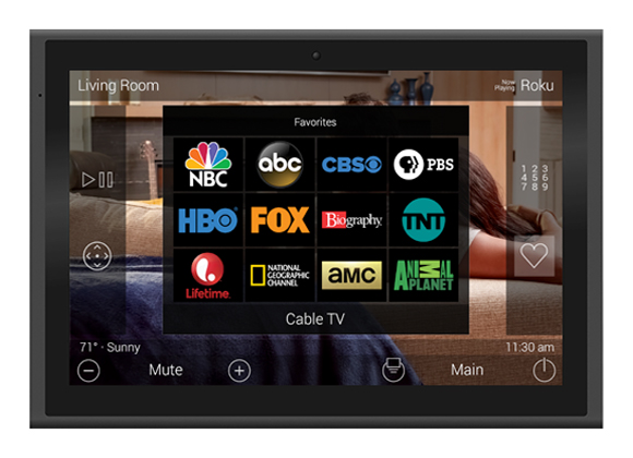 Wall-mounted touchscreen showing a TV channel menu for home automation in Weehawken