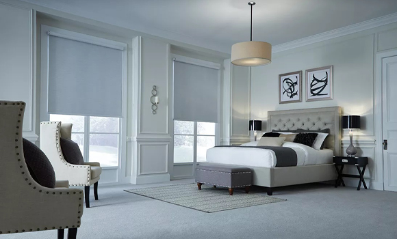 Lutron automated shades on bedroom windows in Alpine