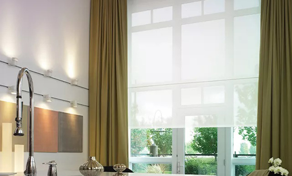 Lutron automated shades on floor-to-ceiling kitchen windows in Greenwich
