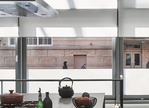 Lutron automated roller shades in a kitchen in Midtown Manhattan