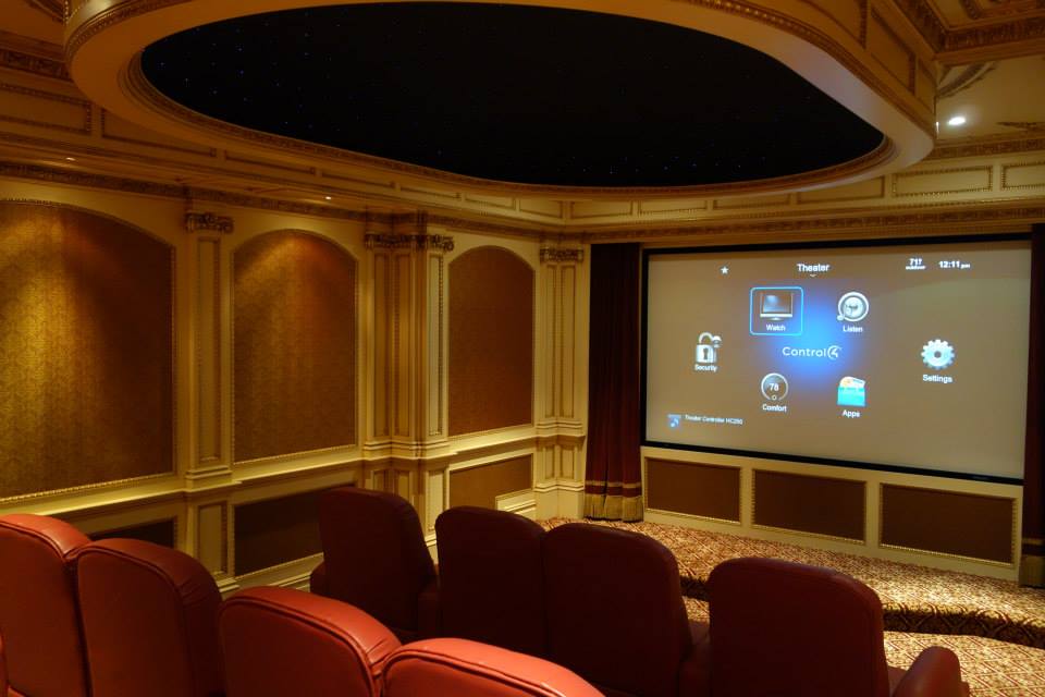 Home theater installation with a Control4 Systems interface and starlit ceiling in Tuxedo Park