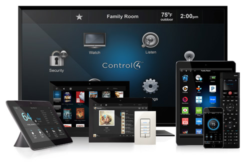 Control4 Systems home automation on a TV, touchscreen, remote and phone