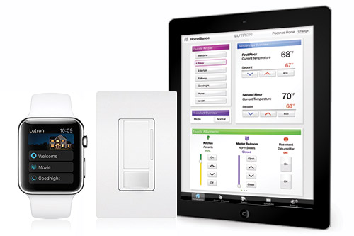 Lutron lighting controls on a smart watch, wall keypad and tablet app