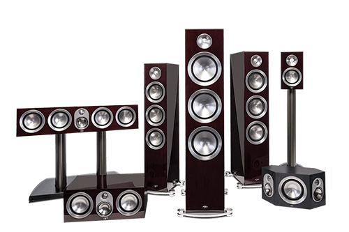 Paradigm home theater speaker system with tower, center, and surround speakers