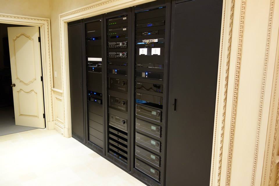 Home automation equipment rack with audio and video components in Saddle River