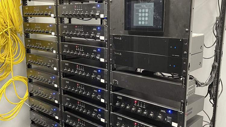 Equipment rack of amplifiers and controllers for a custom audio installation in Mahwah