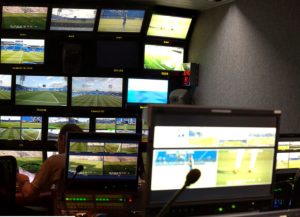 Commercial video wall of broadcast monitors in a Hoboken control room
