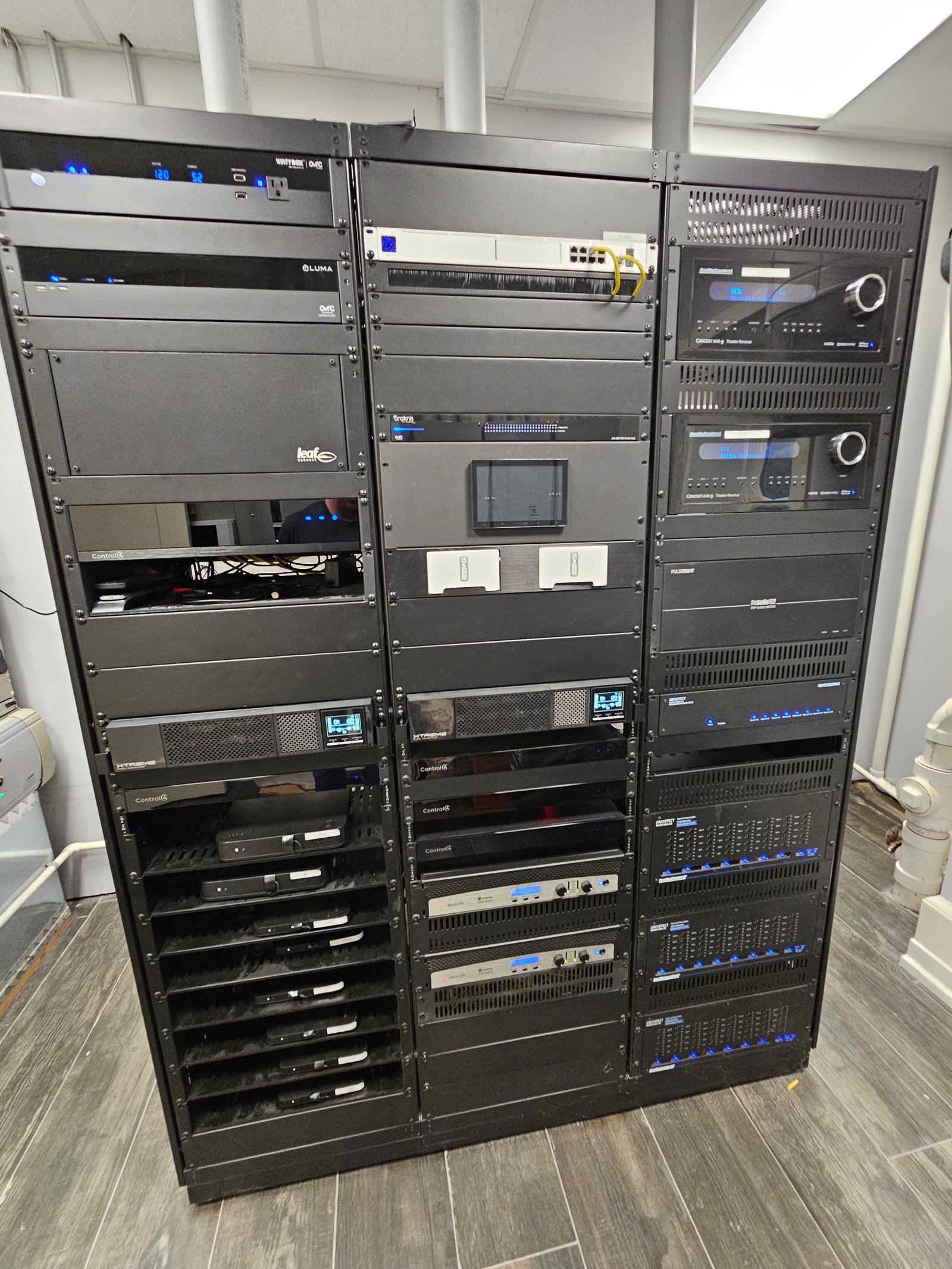 Commercial AV equipment rack for a custom audio installation in Franklin Lakes